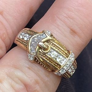 Vintage Sterling silver 925 Gold finish CZ buckle ring 💗